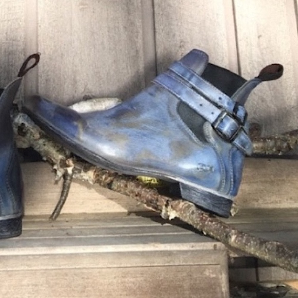 BED STU Boots Rare RAVINE Booties Blue Leather Buckles Elastic Size 8 - Picture 2 of 12